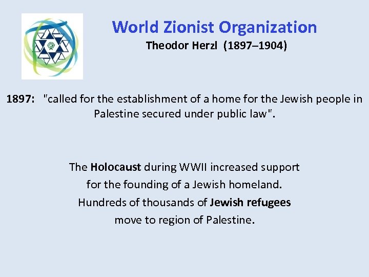 World Zionist Organization Theodor Herzl (1897– 1904) 1897: "called for the establishment of a