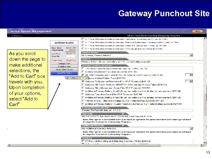 Gateway Punchout Site As you scroll down the page to make additional selections, the
