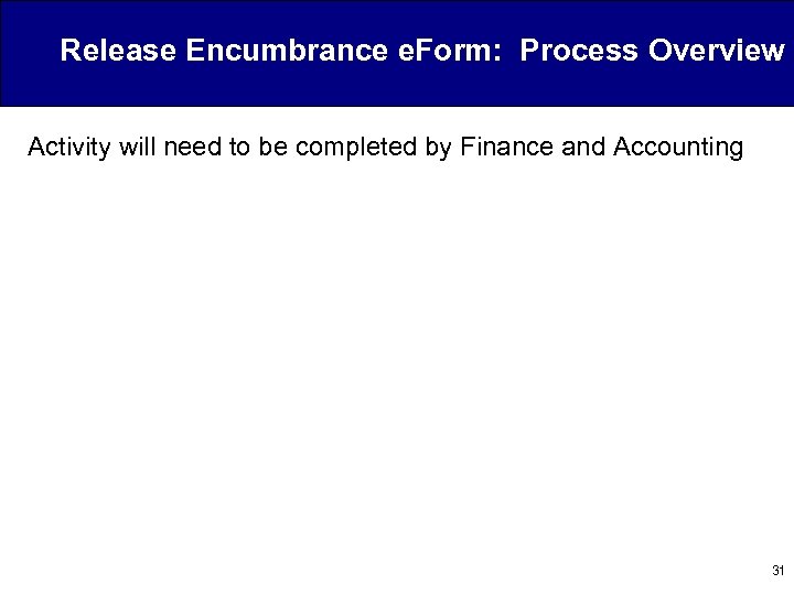 Release Encumbrance e. Form: Process Overview Activity will need to be completed by Finance