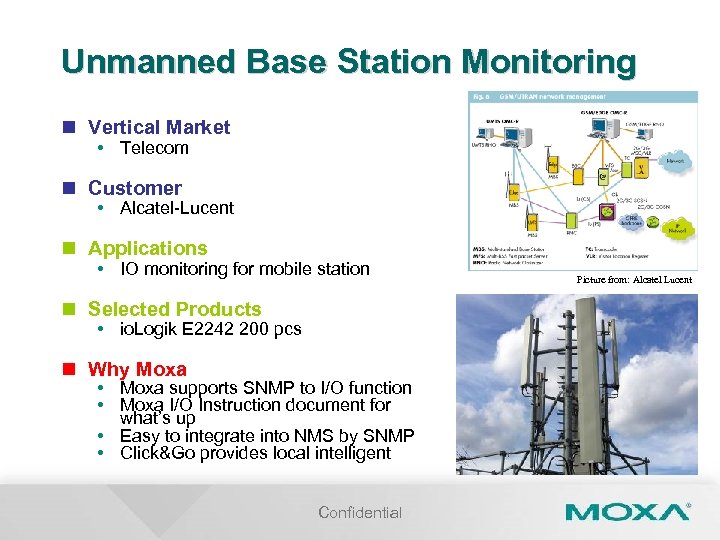 Unmanned Base Station Monitoring n Vertical Market • Telecom n Customer • Alcatel-Lucent n