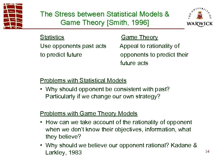 The Stress between Statistical Models & Game Theory [Smith, 1996] Statistics Use opponents past