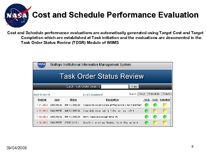 Cost and Schedule Performance Evaluation Cost and Schedule performance evaluations are automatically generated using