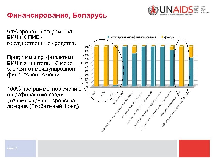 Финансирование, Беларусь 64% средств программ на ВИЧ и СПИД государственные средства. Программы профилактики ВИЧ