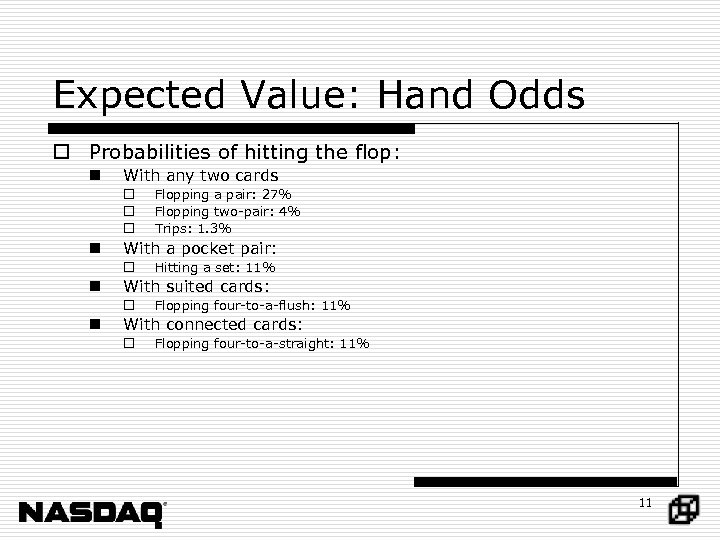 Expected Value: Hand Odds o Probabilities of hitting the flop: n With any two