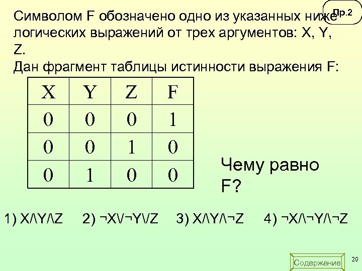 Пр. 2 Символом F обозначено одно из указанных ниже логических выражений от трех аргументов:
