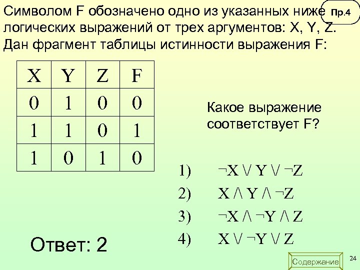 Символом F обозначено одно из указанных ниже Пр. 4 логических выражений от трех аргументов: