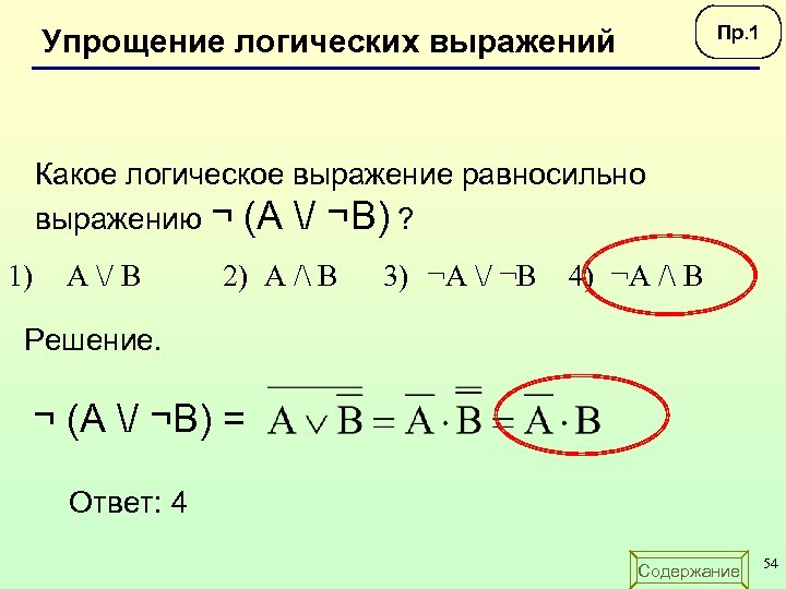 Пр. 1 Упрощение логических выражений Какое логическое выражение равносильно выражению ¬ (А / ¬B)