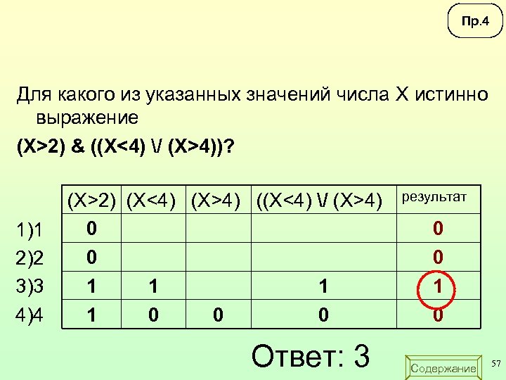 Пр. 4 Для какого из указанных значений числа X истинно выражение (X>2) & ((X<4)
