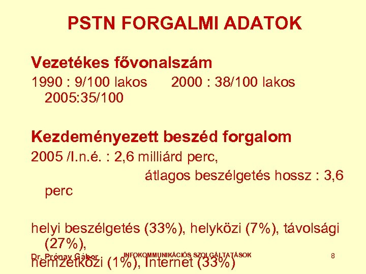 PSTN FORGALMI ADATOK Vezetékes fővonalszám 1990 : 9/100 lakos 2005: 35/100 2000 : 38/100