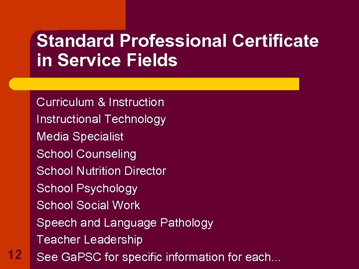 Standard Professional Certificate in Service Fields 12 Curriculum & Instructional Technology Media Specialist School
