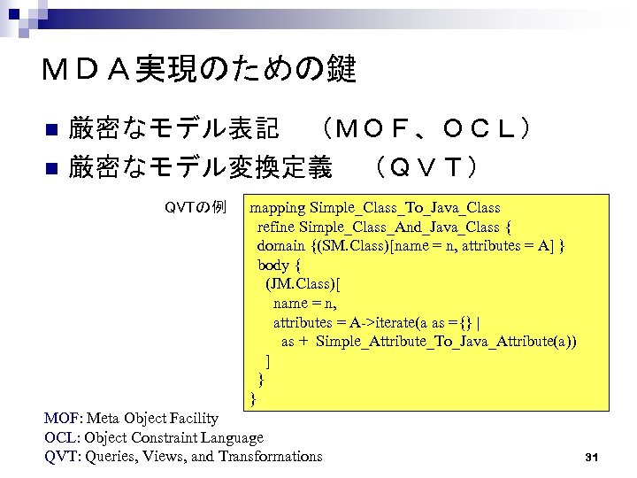 ＭＤＡ実現のための鍵 n n 厳密なモデル表記　（ＭＯＦ、ＯＣＬ） 厳密なモデル変換定義　（ＱＶＴ） QVTの例 mapping Simple_Class_To_Java_Class refine Simple_Class_And_Java_Class { domain {(SM. Class)[name