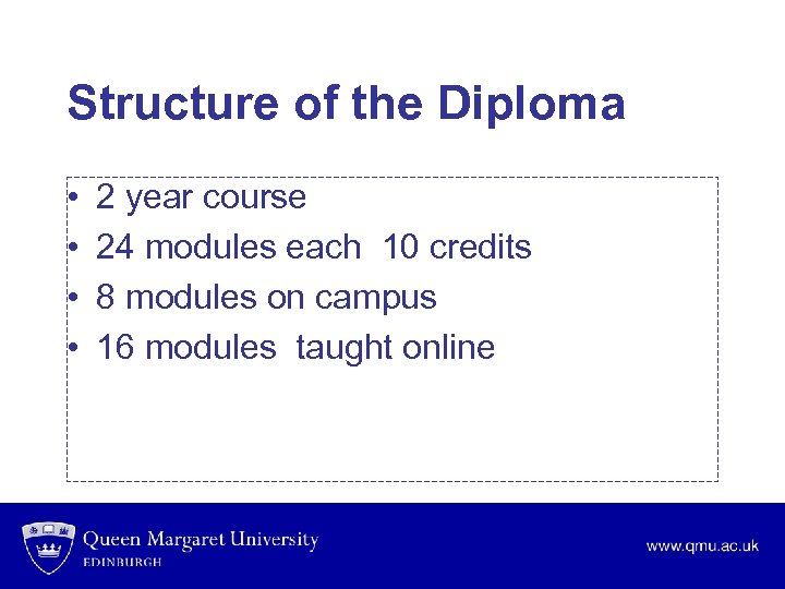 Structure of the Diploma • • 2 year course 24 modules each 10 credits