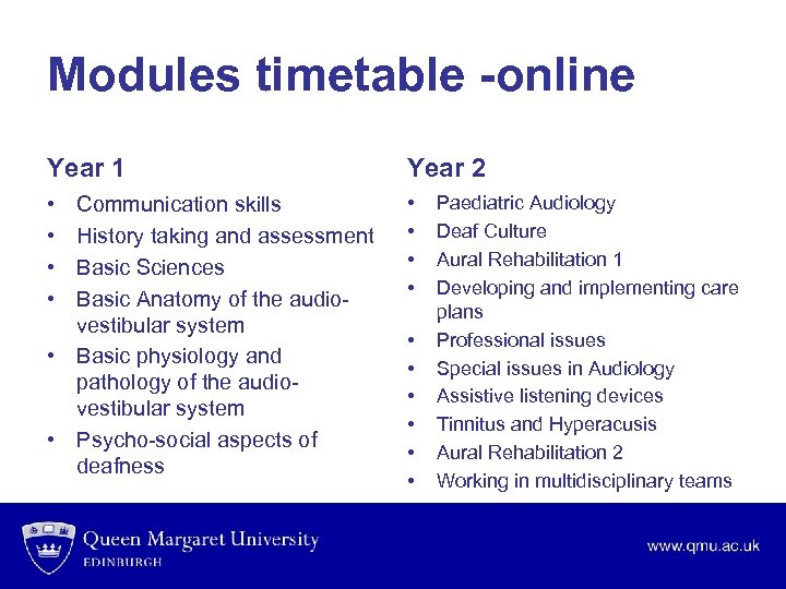 Modules timetable -online Year 1 Year 2 • • Communication skills History taking and