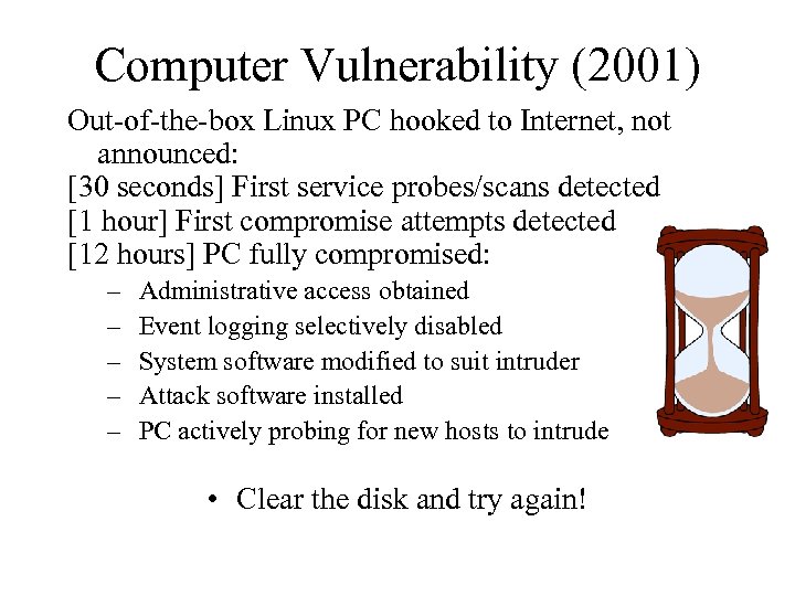 Computer Vulnerability (2001) Out-of-the-box Linux PC hooked to Internet, not announced: [30 seconds] First