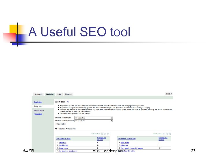 A Useful SEO tool 6/4/08 Alex Loddengaard 27 