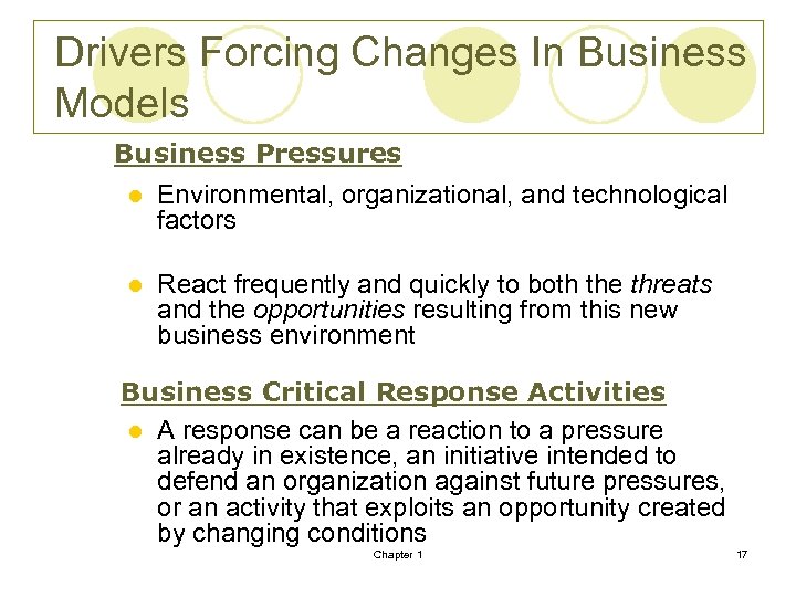 Drivers Forcing Changes In Business Models Business Pressures l Environmental, organizational, and technological factors