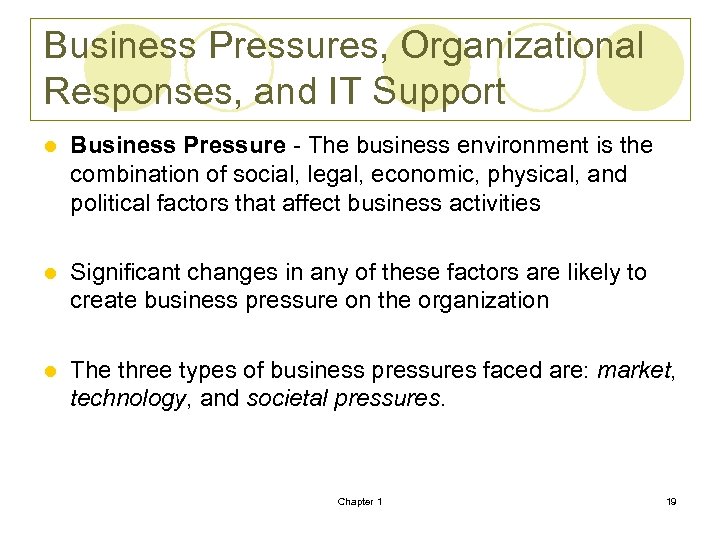 Business Pressures, Organizational Responses, and IT Support l Business Pressure - The business environment