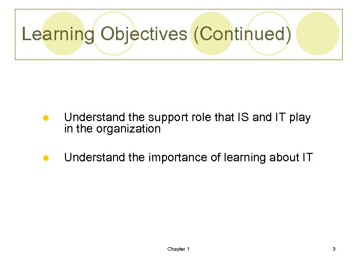 Learning Objectives (Continued) l Understand the support role that IS and IT play in