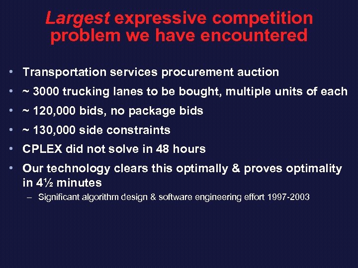 Largest expressive competition problem we have encountered • Transportation services procurement auction • ~