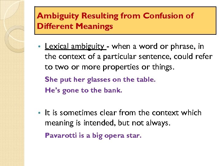 Ambiguity Resulting from Confusion of Different Meanings • Lexical ambiguity - when a word