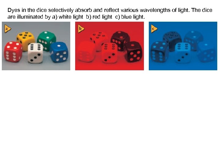 Dyes in the dice selectively absorb and reflect various wavelengths of light. The dice