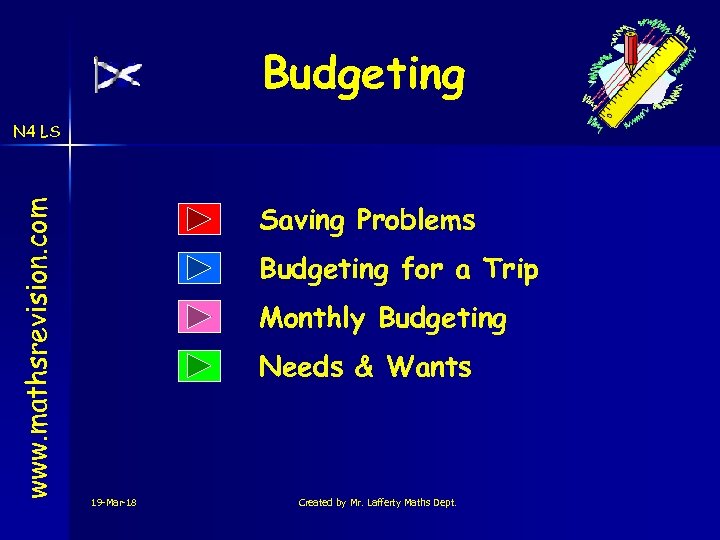 Budgeting www. mathsrevision. com N 4 LS Saving Problems Budgeting for a Trip Monthly