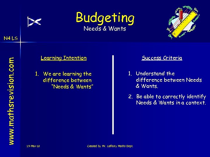 Budgeting Needs & Wants www. mathsrevision. com N 4 LS Learning Intention Success Criteria