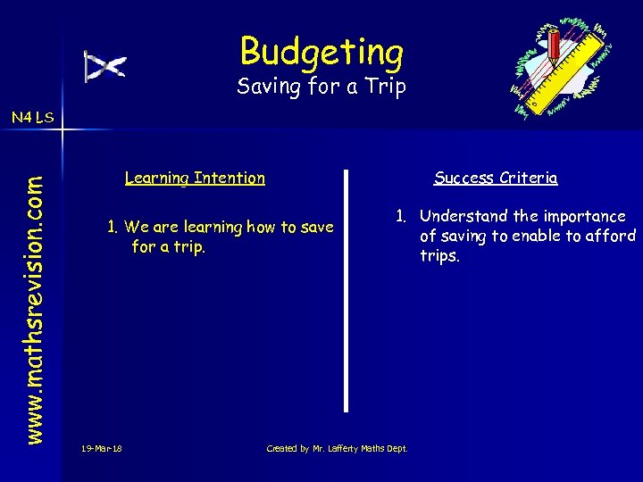 Budgeting Saving for a Trip www. mathsrevision. com N 4 LS Learning Intention Success