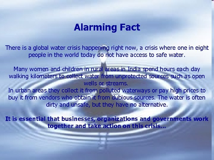 A drop of water Alarming Fact There is a global water crisis happening right