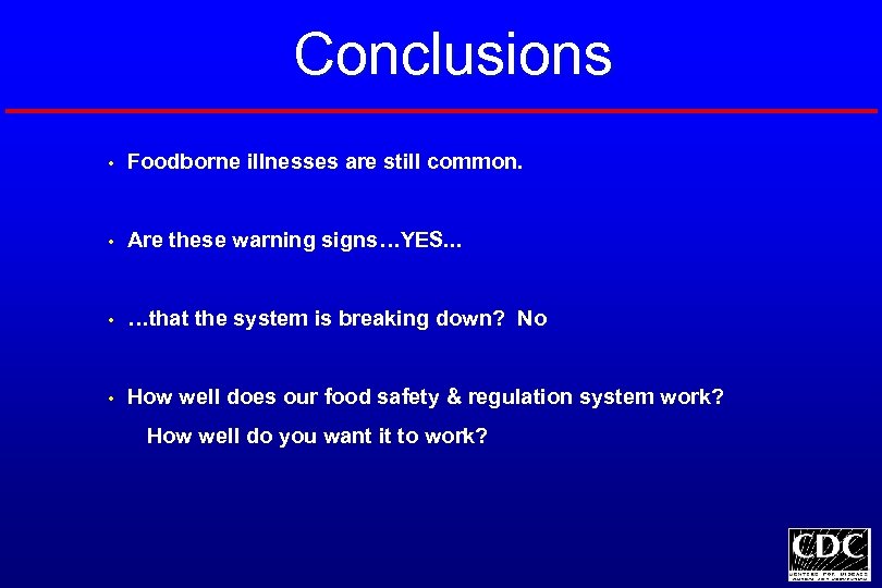 Conclusions • Foodborne illnesses are still common. • Are these warning signs…YES. . .