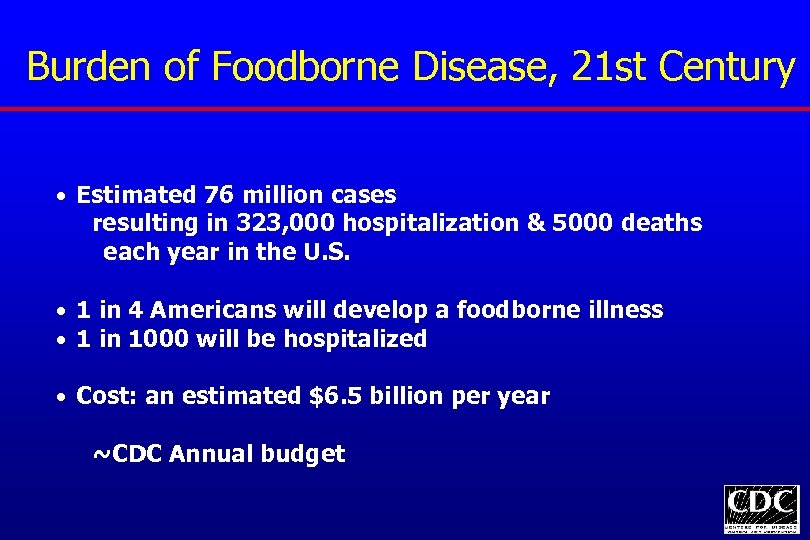  Burden of Foodborne Disease, 21 st Century • Estimated 76 million cases resulting