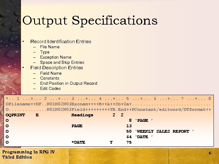 Output Specifications • Record Identification Entries – – • File Name Type Exception Name