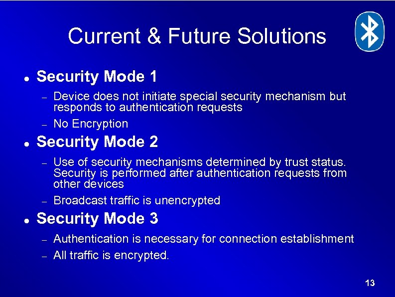 Current & Future Solutions Security Mode 1 Security Mode 2 Device does not initiate