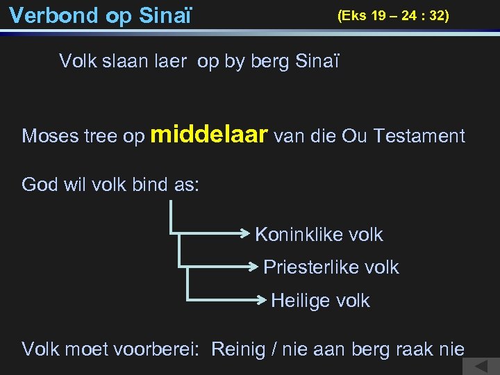 Verbond op Sinaï (Eks 19 – 24 : 32) Volk slaan laer op by