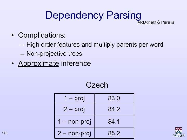 Dependency Parsing Mc. Donald & Pereira • Complications: – High order features and multiply