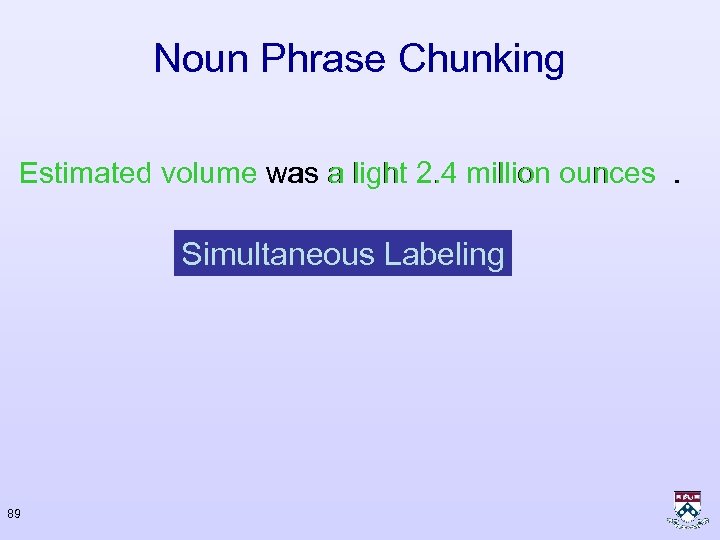 Noun Phrase Chunking Estimated volume was a light 2. 4 million ounces. Simultaneous Labeling