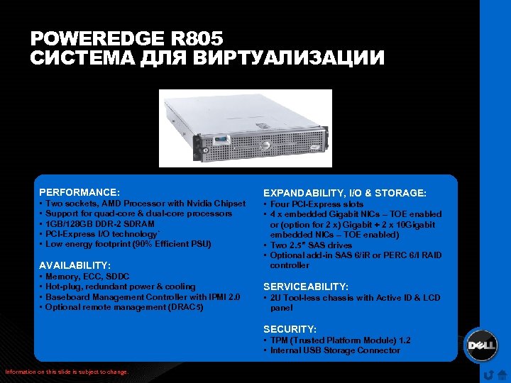POWEREDGE R 805 СИСТЕМА ДЛЯ ВИРТУАЛИЗАЦИИ PERFORMANCE: • • • Two sockets, AMD Processor