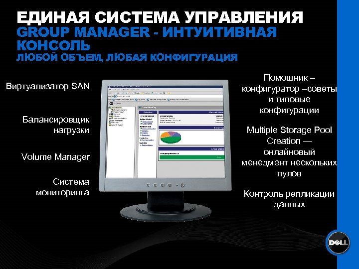 ЕДИНАЯ СИСТЕМА УПРАВЛЕНИЯ GROUP MANAGER - ИНТУИТИВНАЯ КОНСОЛЬ ЛЮБОЙ ОБЪЕМ, ЛЮБАЯ КОНФИГУРАЦИЯ Виртуализатор SAN