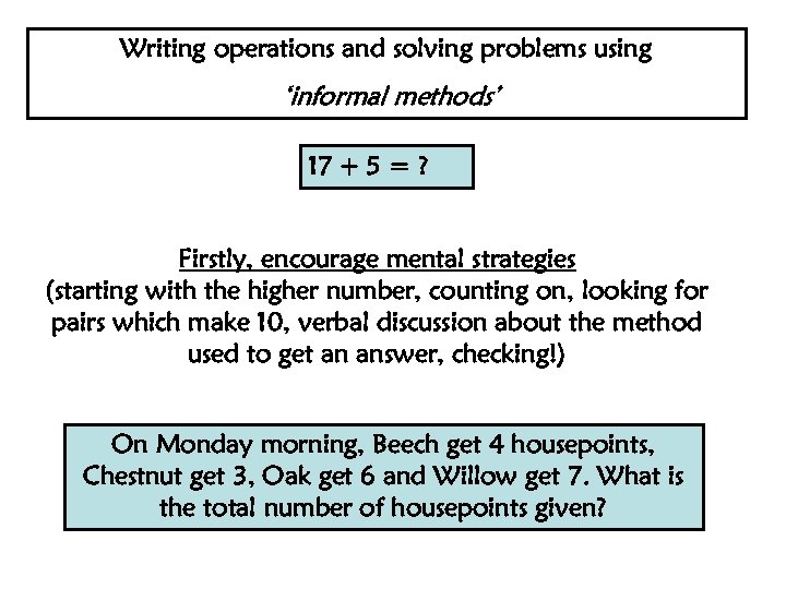 Writing operations and solving problems using ‘informal methods’ 17 + 5 = ? Firstly,