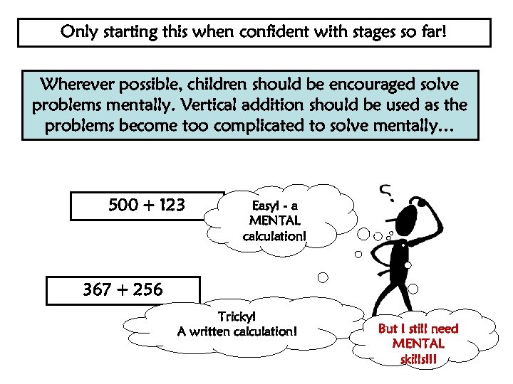 Only starting this when confident with stages so far! Wherever possible, children should be