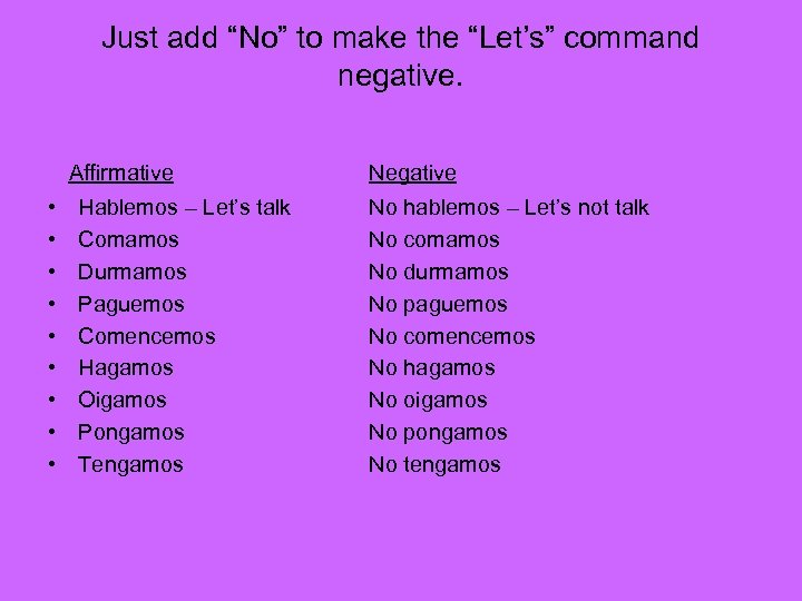 Just add “No” to make the “Let’s” command negative. Affirmative • • • Hablemos