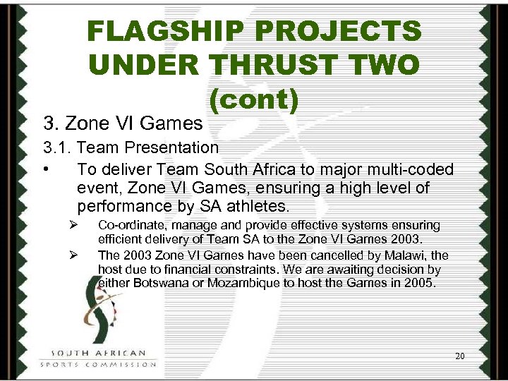 FLAGSHIP PROJECTS UNDER THRUST TWO (cont) 3. Zone VI Games 3. 1. Team Presentation