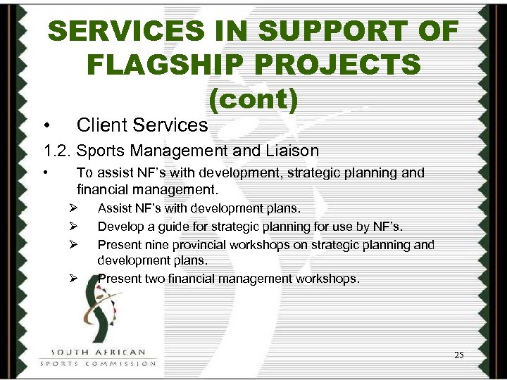 SERVICES IN SUPPORT OF FLAGSHIP PROJECTS (cont) • Client Services 1. 2. Sports Management