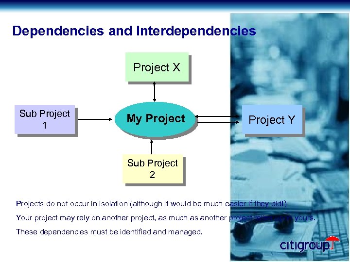 Dependencies and Interdependencies Project X Sub Project 1 My Project Y Sub Project 2