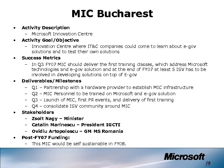 MIC Bucharest • • • Activity Description – Microsoft Innovation Centre Activity Goal/Objective –