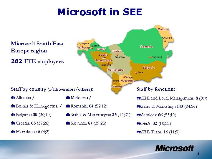 Microsoft in SEE Microsoft South East Europe region 262 FTE employees Staff by country