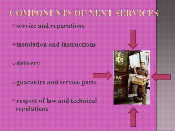 vservice and reparations vinstalation and instructions vdelivery vguarantee and service parts vrespect of law