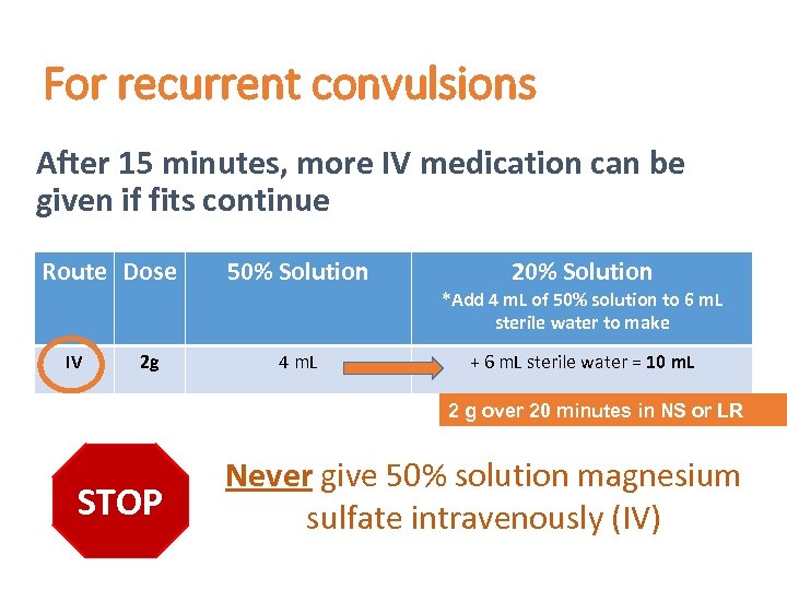 For recurrent convulsions After 15 minutes, more IV medication can be given if fits