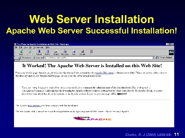 Web Server Installation Apache Web Server Successful Installation! Clarke, R. J (2000) L 909