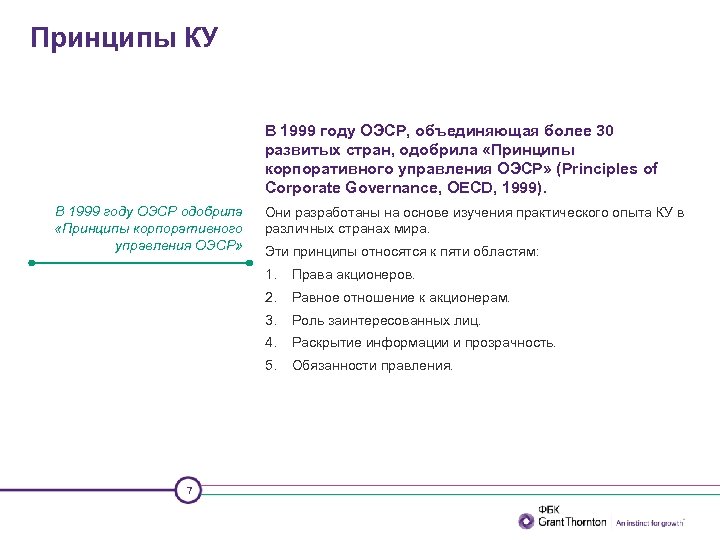 Принципы КУ В 1999 году ОЭСР, объединяющая более 30 развитых стран, одобрила «Принципы корпоративного